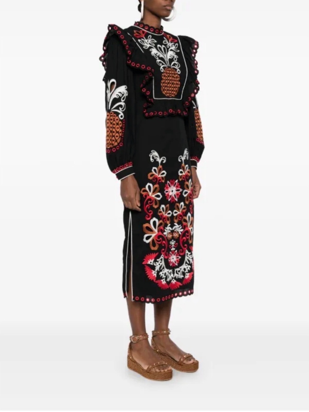 FARM Rio Black Midi Dress with Red, White & Orange Embroidery